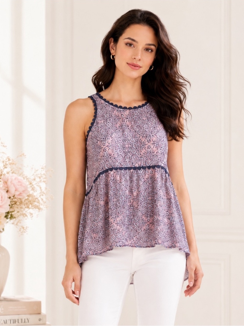 LC LAUREN CONRAD Top Peplum Crochet Dusk Pink Floral Sleeveless NWT L